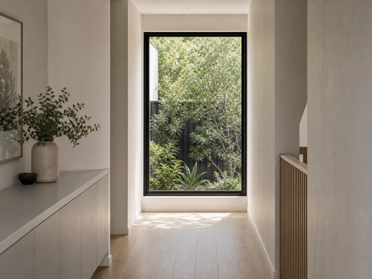 Bright residential hallway and courtyard view