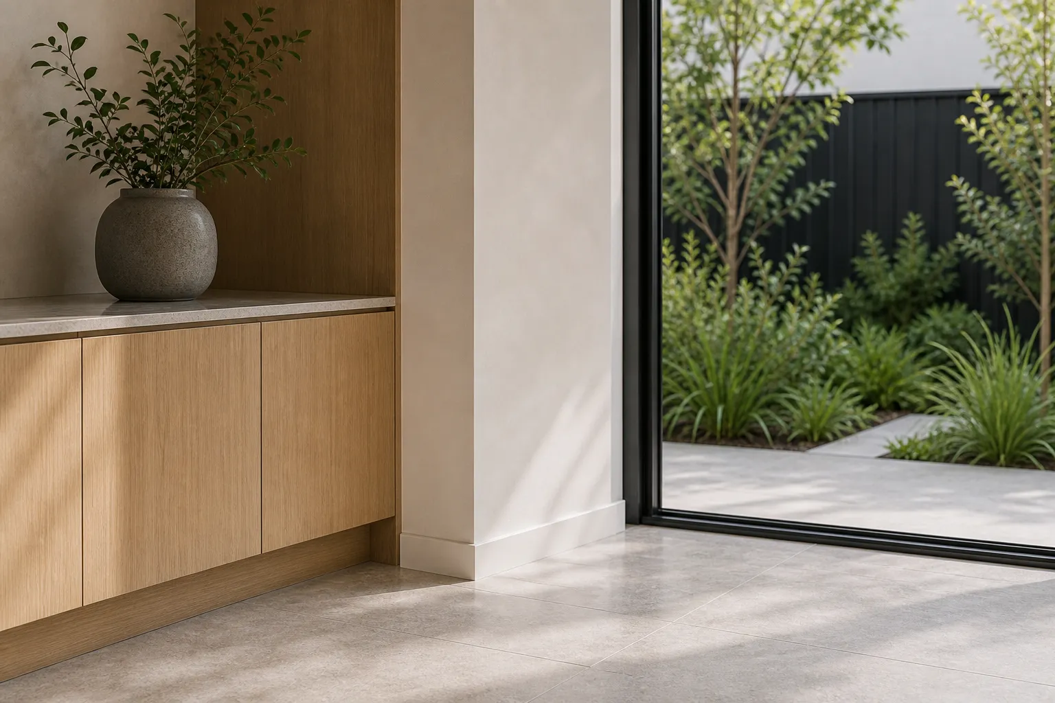 Courtyard glazing and stone ledge detail